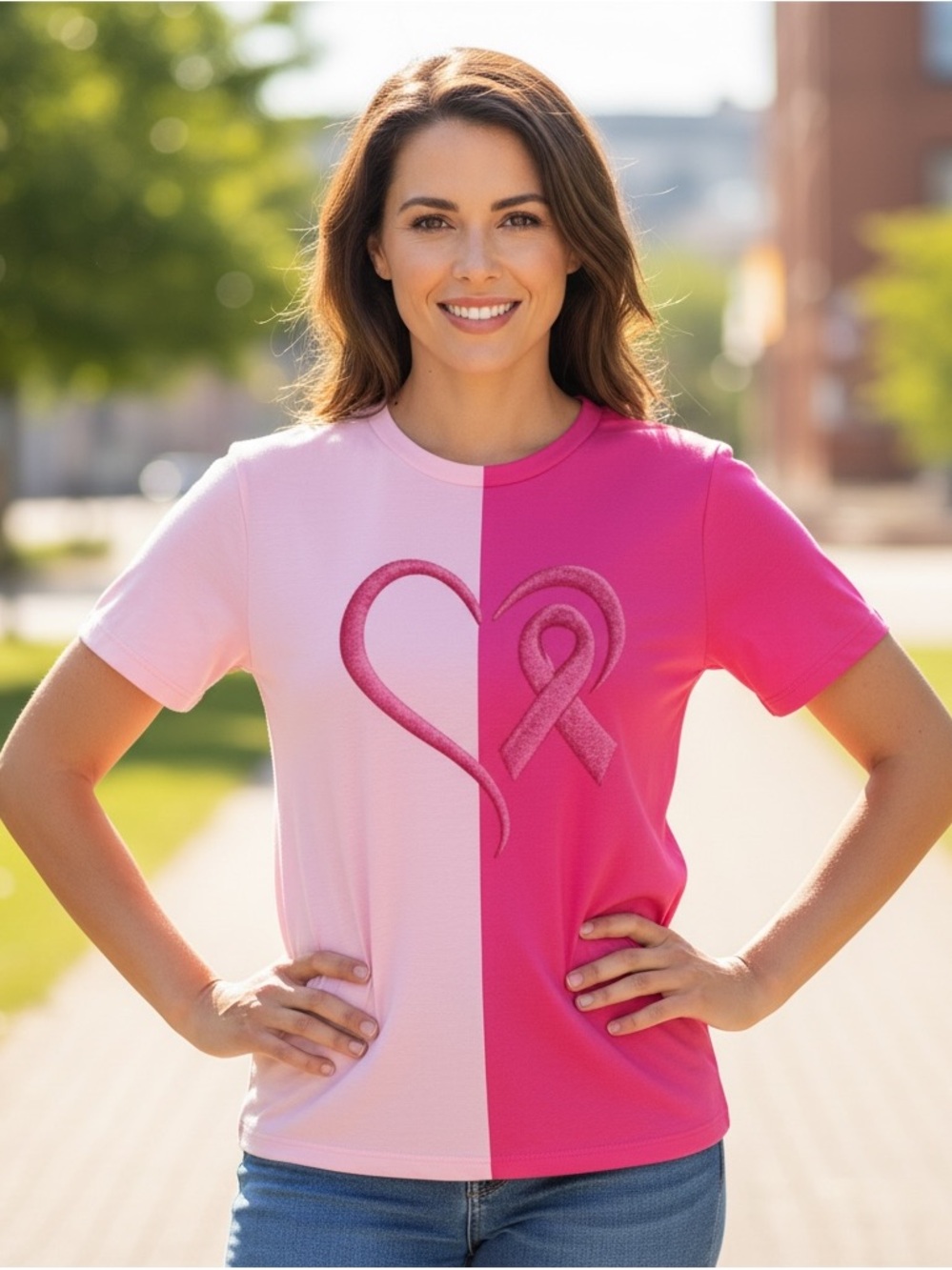 NWOT Cancer Awareness Embroidered Look Pink Crew Neck Tee-Shirt Size L
